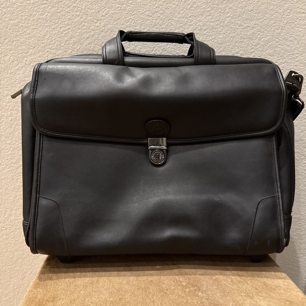 Atlantic Rolling Briefcase‎ Black Leather Business Laptop Case Wheeled